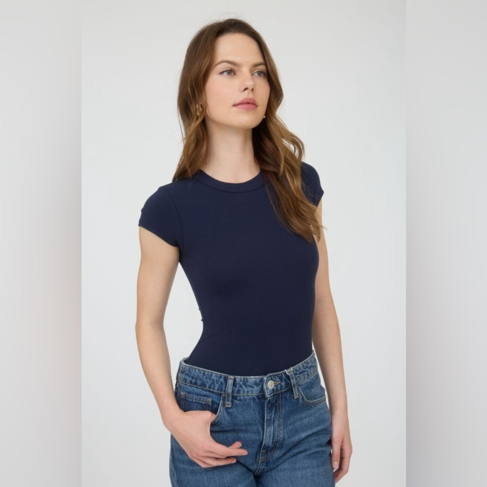 The Workshop Round Neck Short Sleeve Knit Bodysuit In Navy - Picture 5 of 5